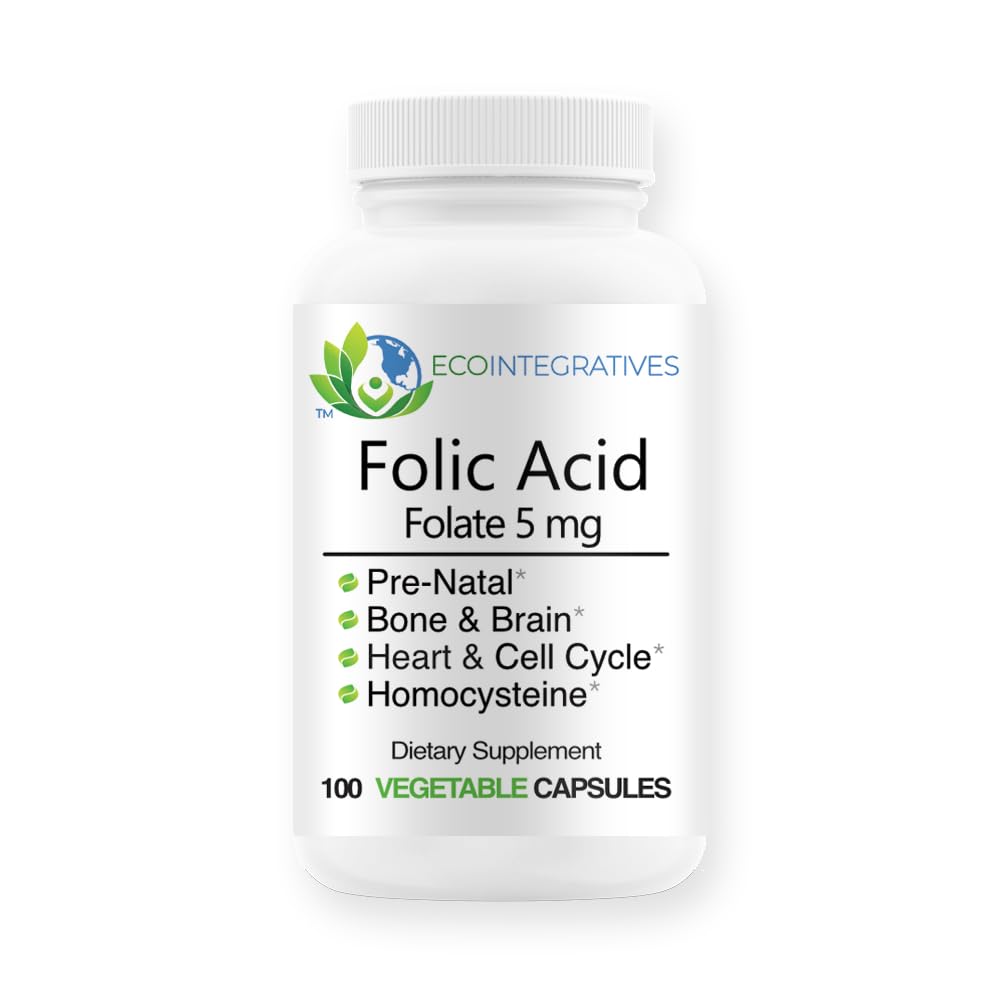 Folic Acid Folate 5mg (B9) Prenatal, Reproductive Health, Homocystein, Metabolismus, Herz-Kreislauf, Knochen, Immununterstützung, Allergenfrei, Non GMO - 100 Vegan Kapseln