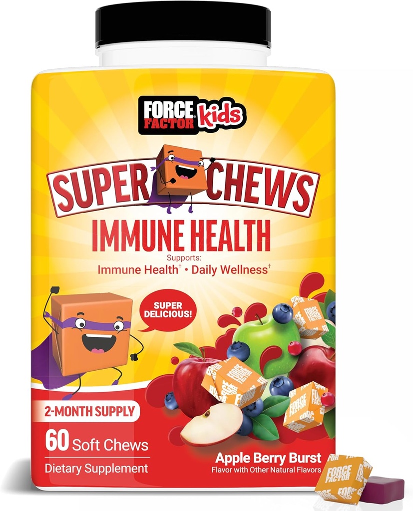 FORCE FACTOR Kinder Immun Gesundheit Super Chews, Kinder Immununterstützung Ergänzung mit Vitamin D für Kinder, Elderberry, Vitamin C, & Zink, 2-Monats-Versorgung, Non-GMO, Apfelbeeren-Flaschen, 60 Soft Chews
