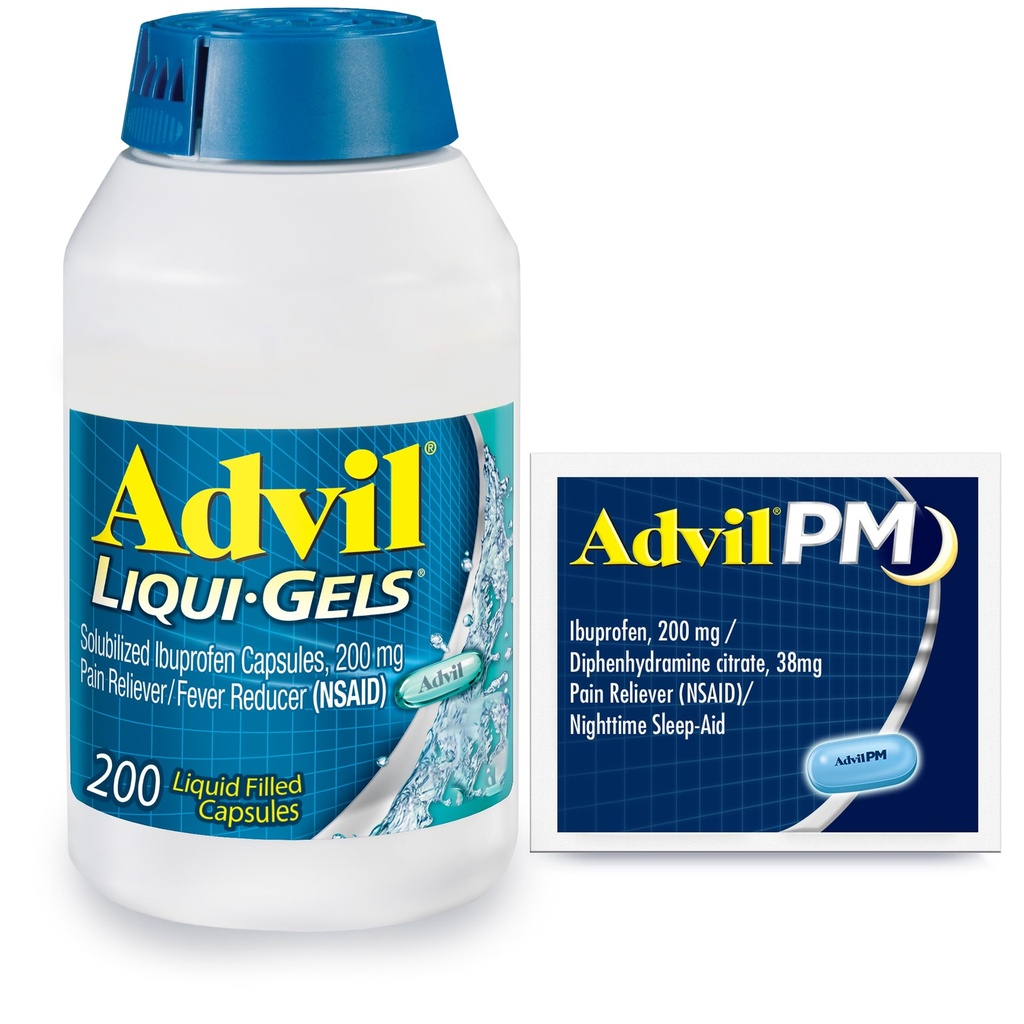 Advil Liqui-Gels Pain Reliever und Fever Reducer, Schmerzmedizin für Erwachsene mit Ibuprofen 200mg für Kopfschmerzen, Rückenschmerzen, Menstruationsschmerzen und Gelenkschmerzen Relief - 200 Kapseln, Advil PM Ibuprofen - 2 Ct