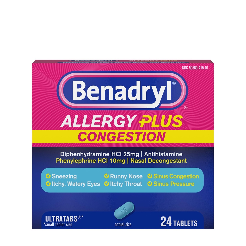 Benadryl Allergy Plus Congestion Ultratabs, Medizin mit Diphenhydramin HCl Antihistamin & Phenylephrine HCl Nasal Decongestant, Allergy & Sinus Congestion Relief Tabletten, 24 ct
