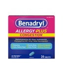 Benadryl Allergie Plus Ultratabs de congestion, Médecine avec Diphénhydramine HCl Antihistamine & Phenylephrine HCl Dégonflement nasal, Allergie & Sinus Comprimés anticongestion, 24 ct