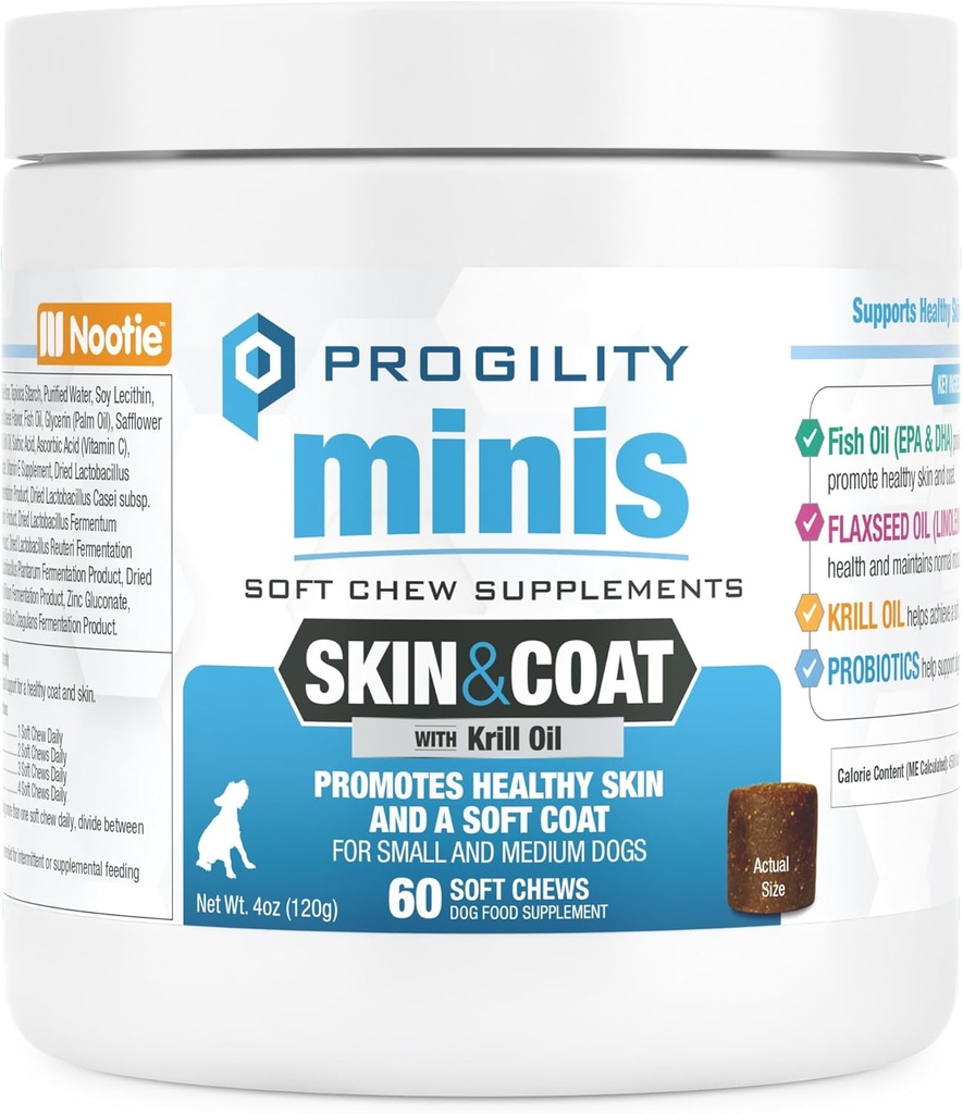 Nootie Progility Mini Skin & Coat Supplement für kleine Hunde, Fischöl unterstützt gesunde Haut & Coat, 60 Soft Chews pro Container