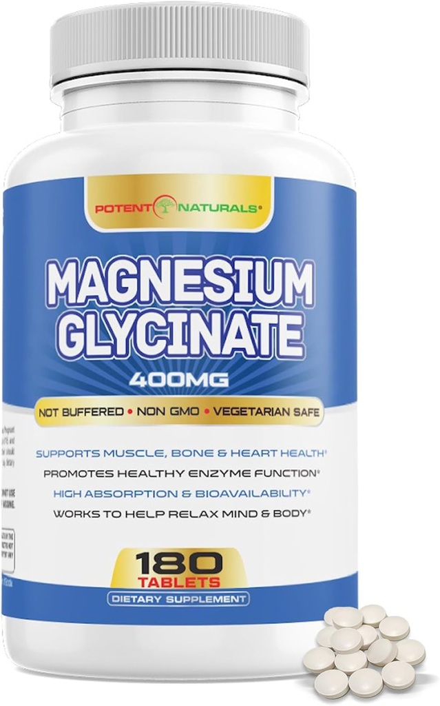 Magnesium Glycinate 400mg 180 Tablets - Gentle Absorption Formula Non-Laxative - Non GMO Gluten Friendly Mineral Supplement for Men - Third Party Tested, No Fillers