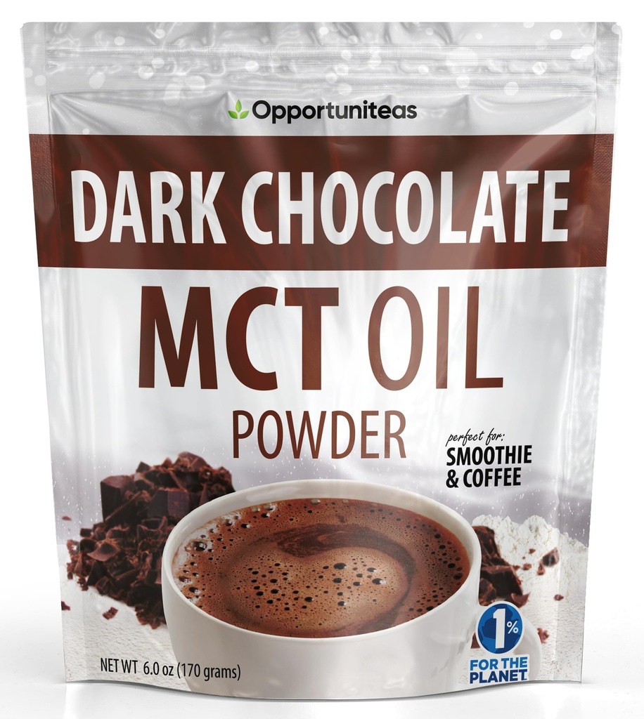 Opportuniteas Poudre d'huile MCT, crème kéto pour café, boissons et boissons, faible teneur en glucides Keto Friendly, Boost Energy&Mental Focus, supplément pour le régime kétogénique, sans gluten et non-OGM, chocolat noir 6 oz