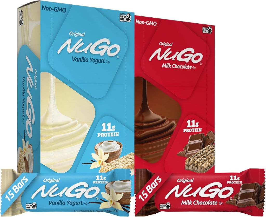NuGo Original Varietät, Vanille Yogurt 15 Bars & Schokolade 15 Bars, 11g Protein, Glutenfrei, 30 Count