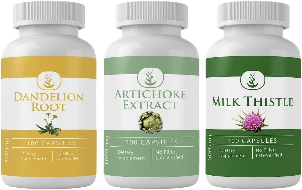 PURE ORIGINAL INGRÉDIENTS Extrait d'artichaut, Thistle de lait, et lot de capsules de racines de dandelion (100 capsules chacune), Pas d'additifs ou de remplisseurs, laboratoire vérifié