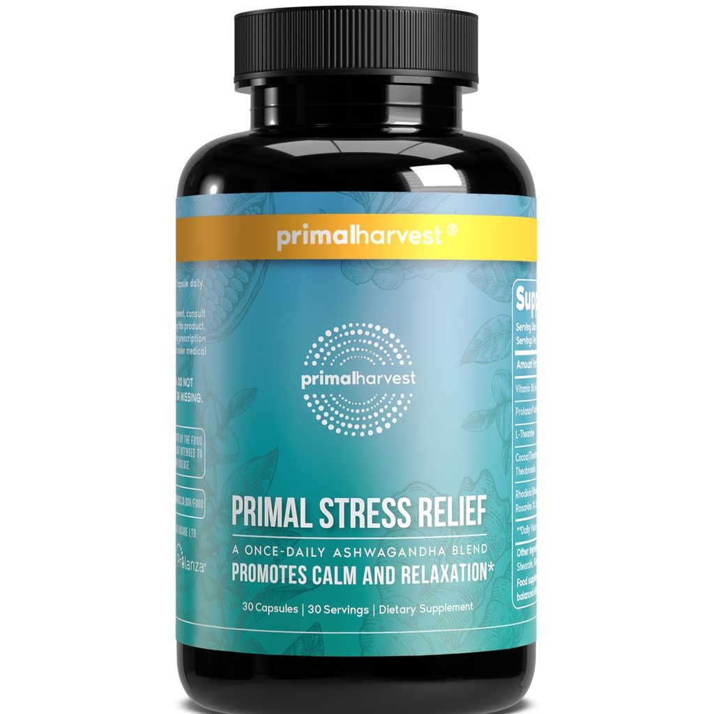 Primal Harvest Stress Relief Ergänzung für Frauen und Männer Pure Ashwagandha Root Extract, L-Theanine Ergänzungen, 30 Kapseln