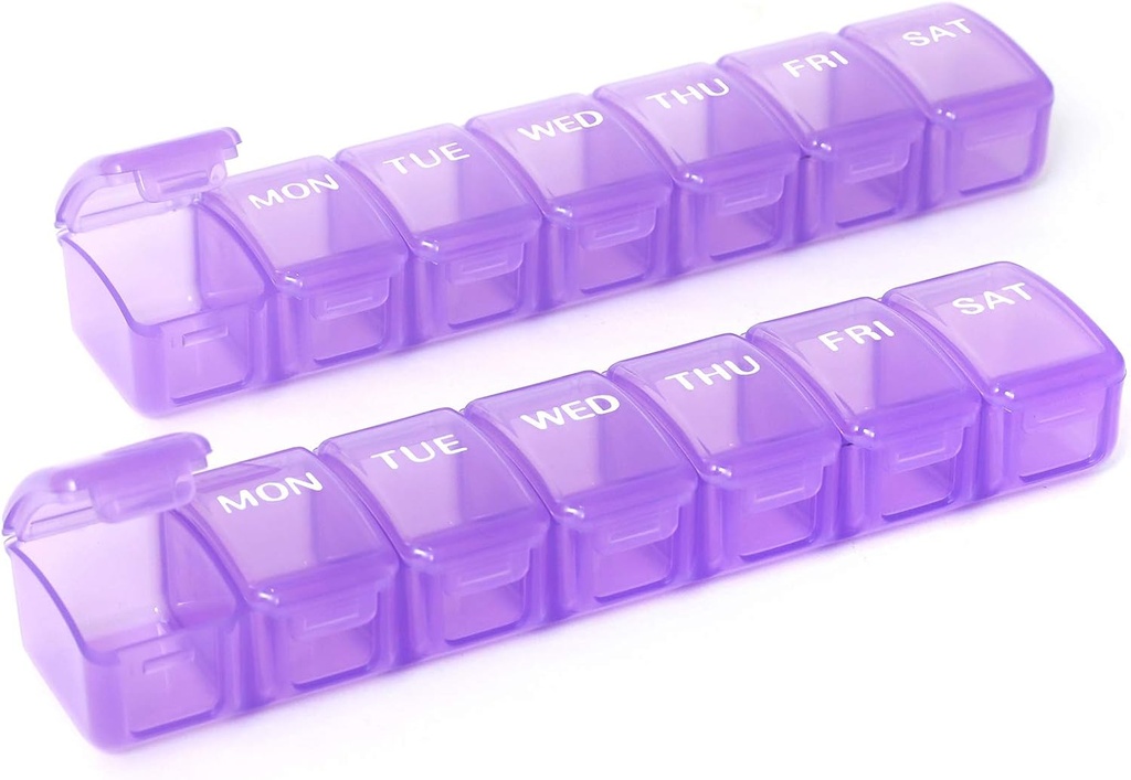 2 Packs kleine wöchentliche Pille Organizer,Pocket Daily Pill Case Pill Box für Pillen/Vitamin/Fish Oil/Supplements (Purple)