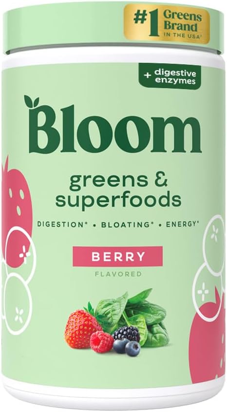Bloom Nutrition Superfood Greens Powder, Digestive Enzyme mit Probiotika und Präbiotika, Gut Health, Bloating Relief für Frauen, Chlorella, Green Juice Mix mit Rübe Root Powder, 25 SVG, Berry