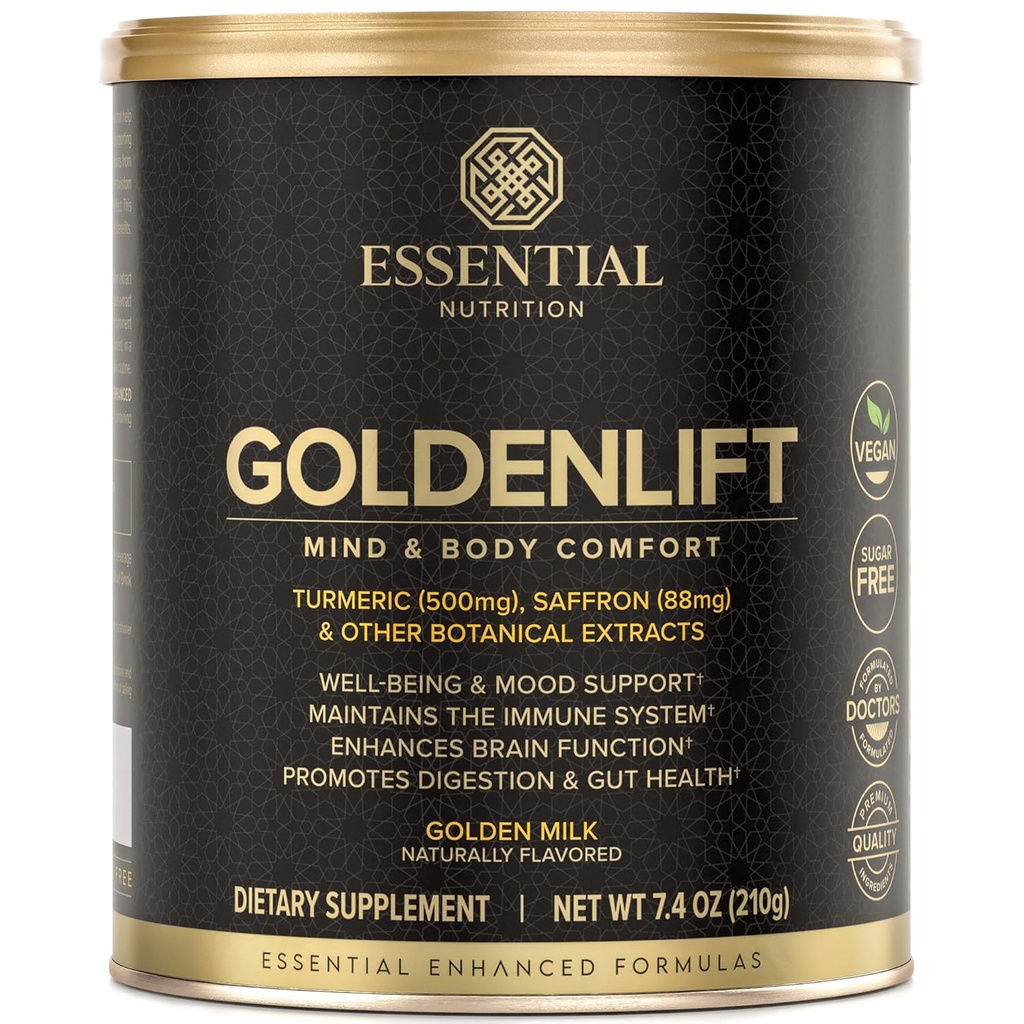 Essential Nutrition Golden Lift - Golden Milk Supplement - Vegan - Mit Kurkuma, Saffron, Cinnamon, Cayenne & Black Pfeffer Standardisierte Extrakte - Mind & Body Comfort - 7.4 Unze (30 Portionen)