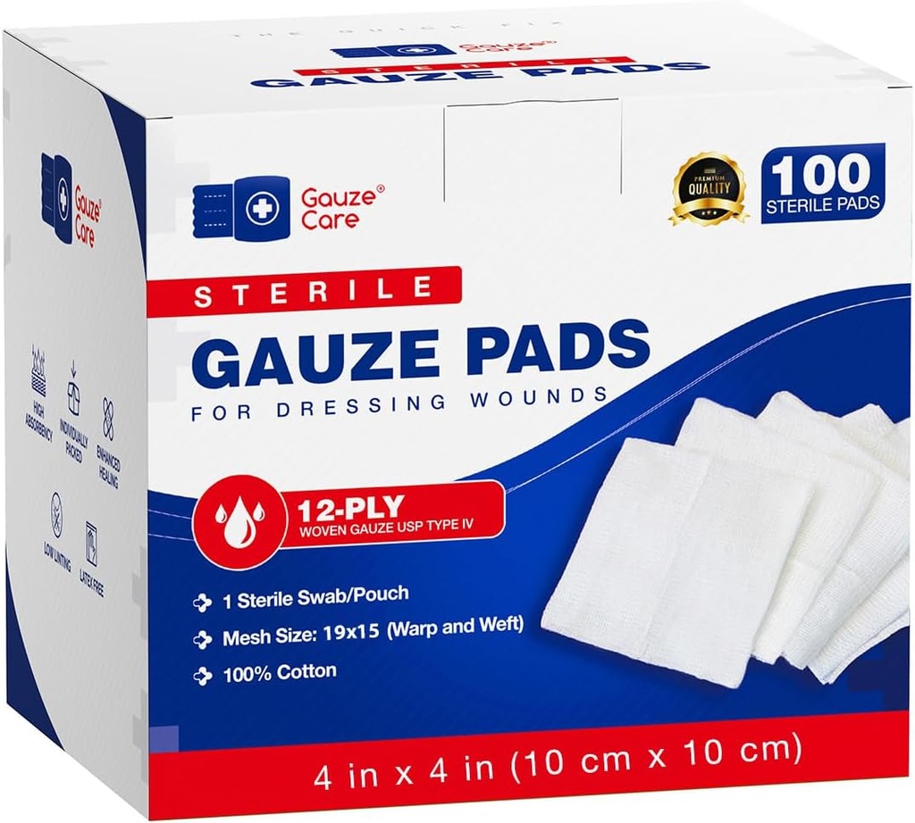 100pc Große sterile Gauze Pads 4x4 Steril für Wunden Bulk - 12ply Woven Gauze Sponges 4x4 Steril - USP IV Atmungsaktives Mesh 4x4 Gauze Pads Steril für verbesserte Absorption - Erste Hilfe Medizin