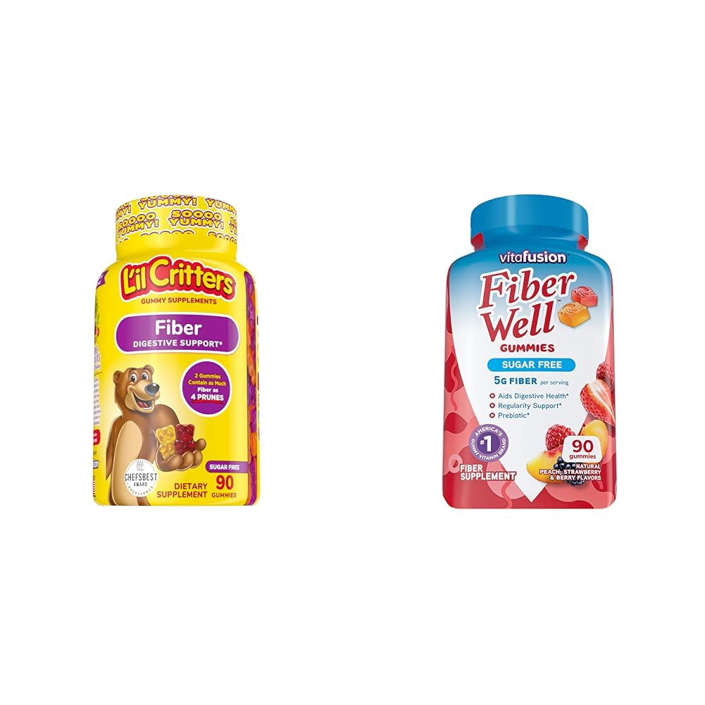 L’il Critters Fiber Daily Gummy Supplement für Kinder, für Verdauungsunterstützung und Vitafusion Fiber Well Sugar Free Fiber Supplement, Peach, Erdbeere und BlackBerry Flavored Supplements, 90 Count