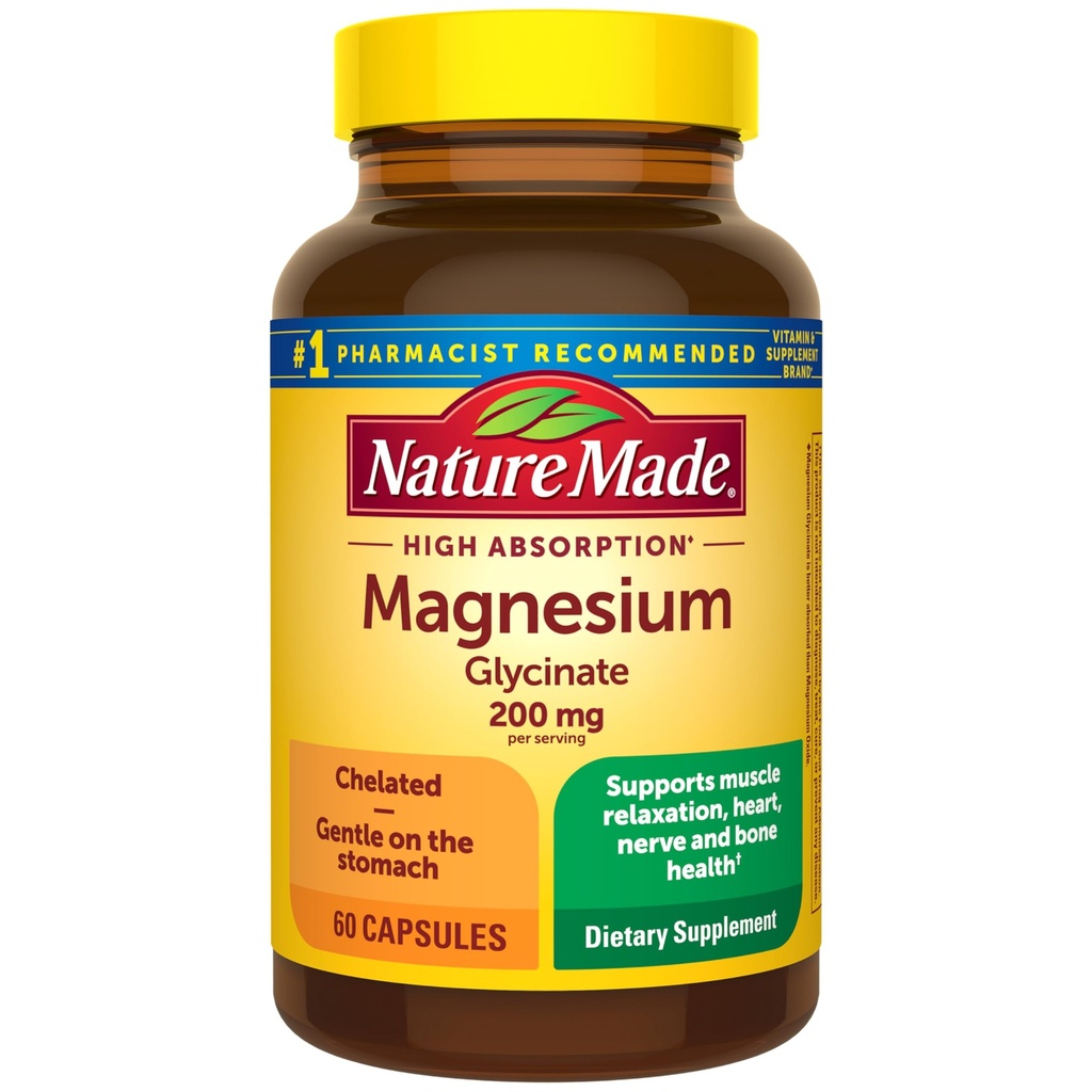 Natur Made Magnesium Glycinate 200 mg pro Servierung, Magnesium Ergänzung für Muskel, Herz, Nerve und Knochen Unterstützung, 60 Magnesium Bisglycinat Kapseln, 30 Tage Versorgung