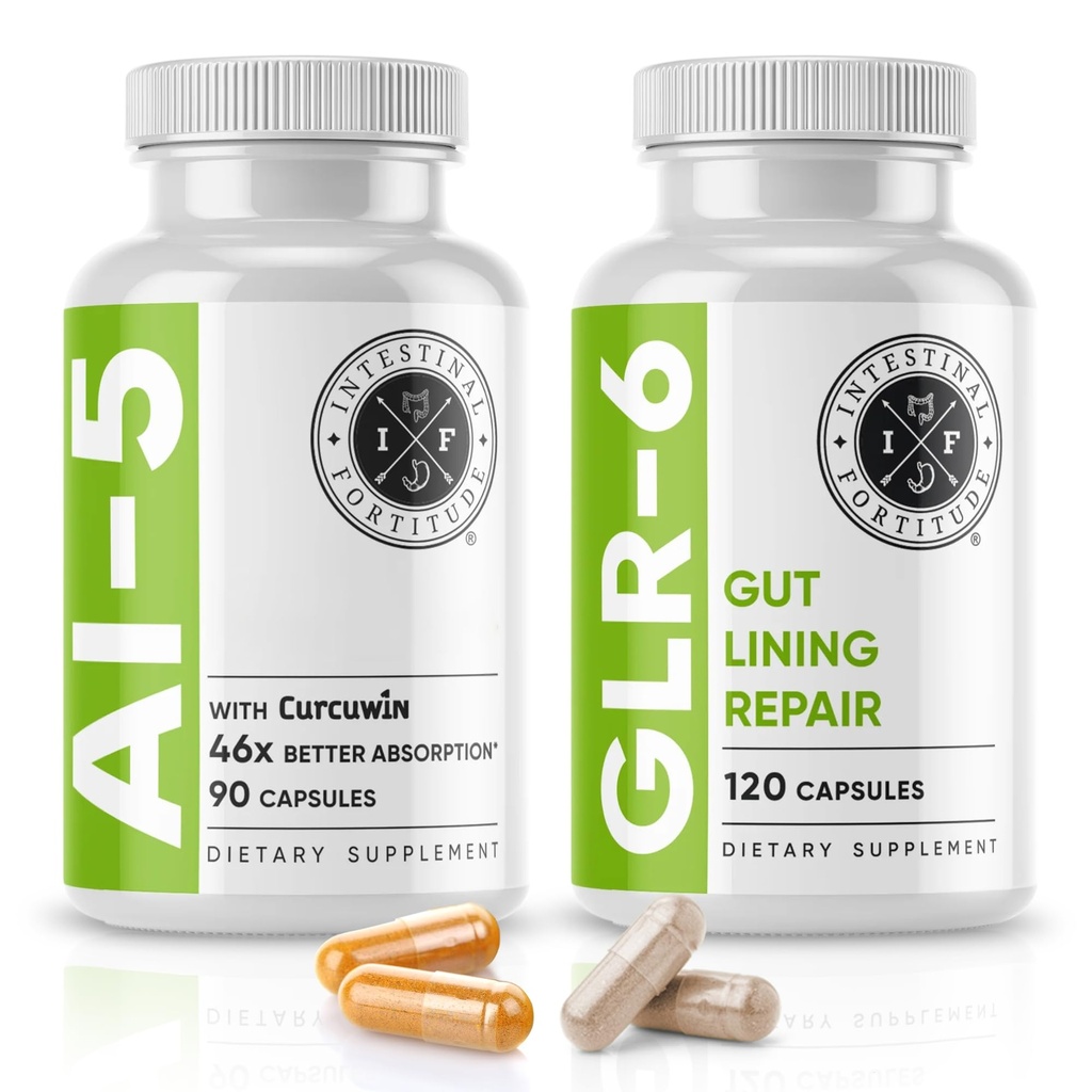 Fortitude intestinale AI-5 & GLR-6 Supplément de santé digestive Bundle w/Glutamine, Turmeric, Curcumin pour Gut Health Capsule Supplément et soutien santé digestive, non-OGM, sans produits laitiers - 30 jours d'approvisionnement