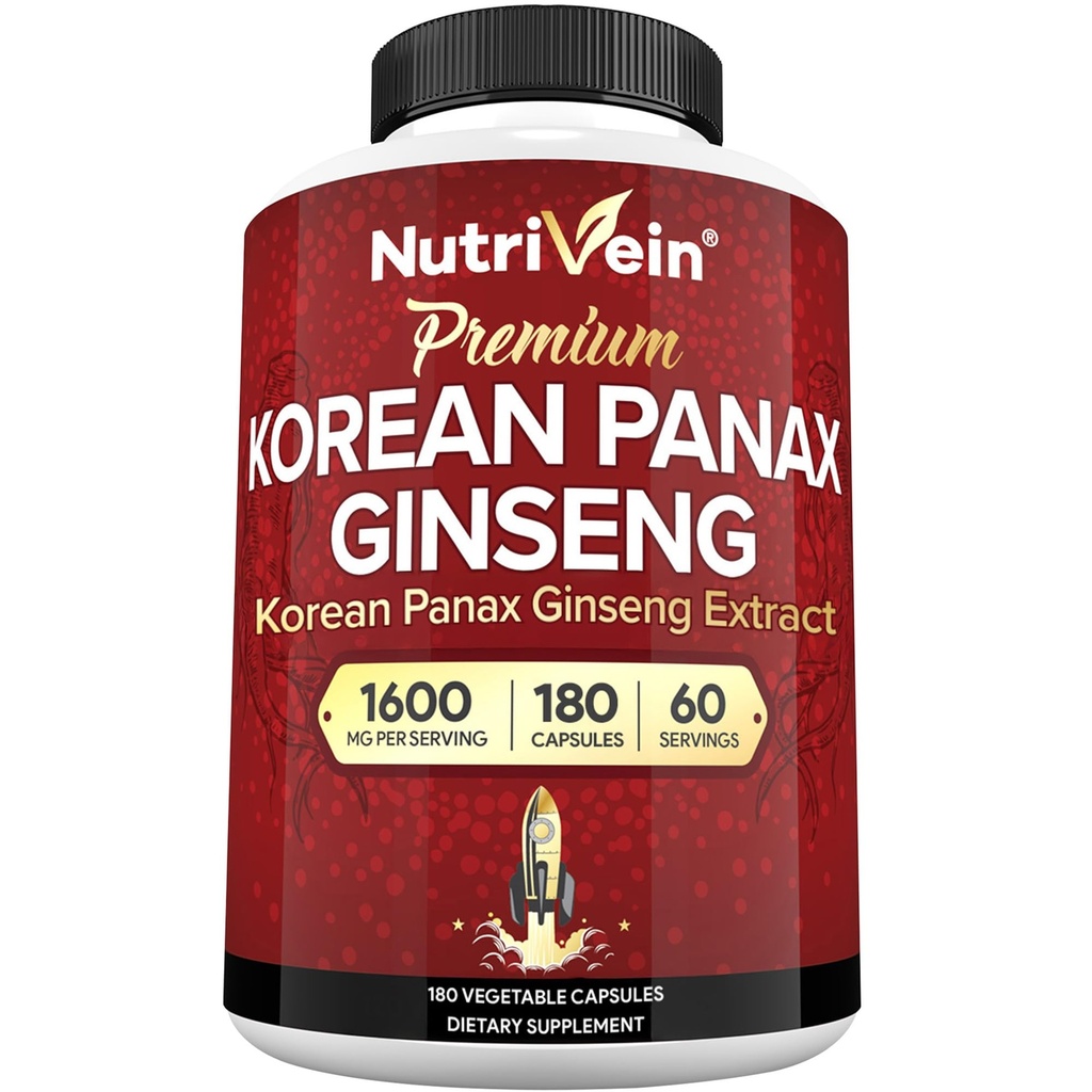 Nutrivein Korean Red Panax Ginseng 1600mg – Extra Strength Formula – 180 Kapseln – Boost Energy, Mental Focus & Immune Health Natürlich