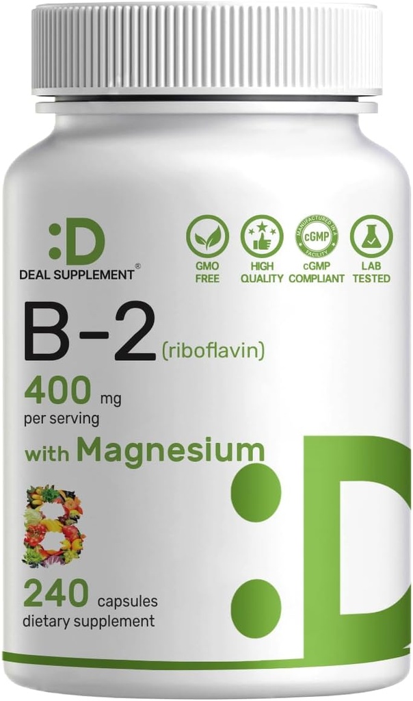 SUPPLÉMENT DE DÉAL Vitamine B2 400mg (Riboflavine) Avec du Glycinat de magnésium 400mg, 240 Capsules – 2 en 1 Soutenir le système nerveux sain, l'humeur, la production de sang et d'énergie, non-OGM