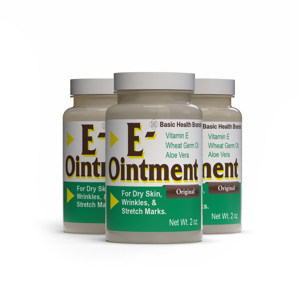 Produits biologiques de base - Marques de base - Onguent vitamine E - 2 onces - Amélioration de l'humidité - Peut aider à réduire l'apparence des cicatrices, marques stretch, lignes fines et rides - Paquet de 3