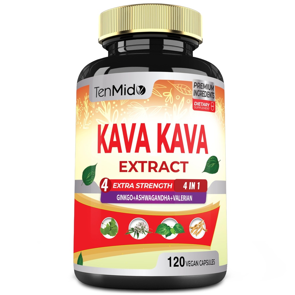 Kava Kava Ergänzung Extrakt Kapseln, 4 Monate Versorgung mit Ginkgo, Ashwagandha, Valerian- Relaxation unterstützt Supplement- 120 Vegan Kapseln