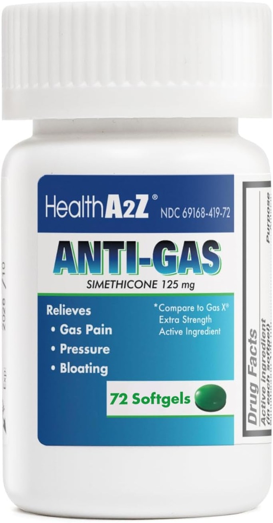 HealthA2Z® Gas Relief Simethicone | 125mg | Relieves from Stomach Discomfort and Gas | Anti Flatulence | Relieves Gas Fast and Bloating (72 Zähler (Pack of 1))