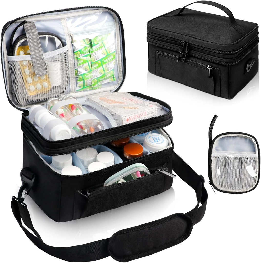 Medizinische Tasche für Reisen mit tragbaren kleinen Beutel, Doppelschicht-Säule Flasche Organizer Aufbewahrungstasche mit abschließbaren Zippers, Carrying Medication Travel Case mit Schulterriemen (BAG NUR) Schwarz