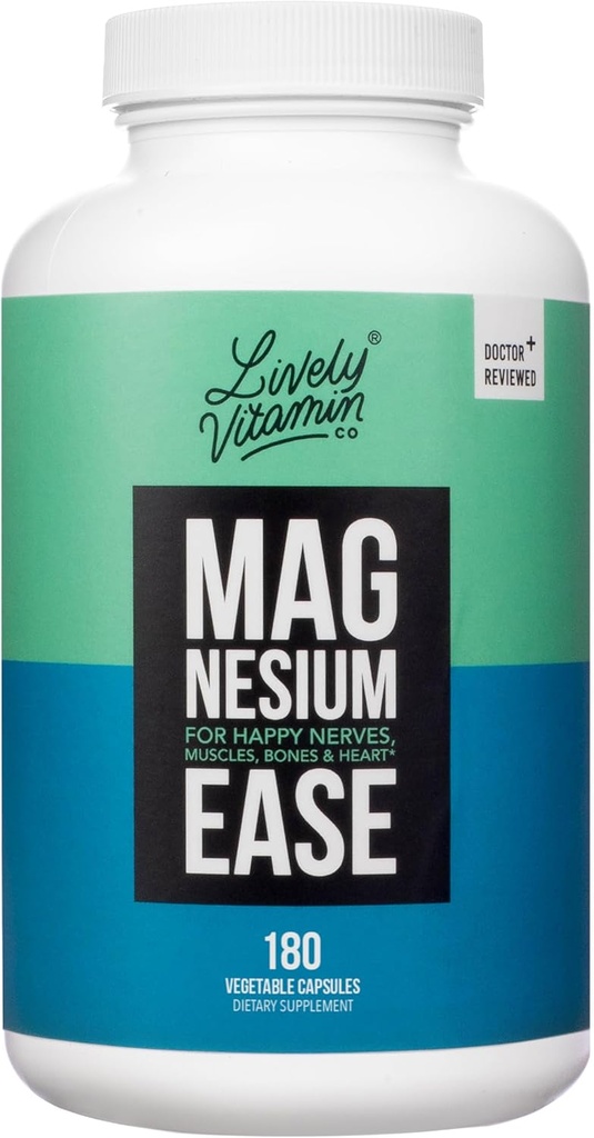 Vitamine vive Co. Magnésium Ease - Chélaté - Très biodisponible - Tension - Stress - Nerfs - Fonction immunitaire - RLS - Sans soja laitier de gluten - Non-OGM - 180 Capsules de végétalien