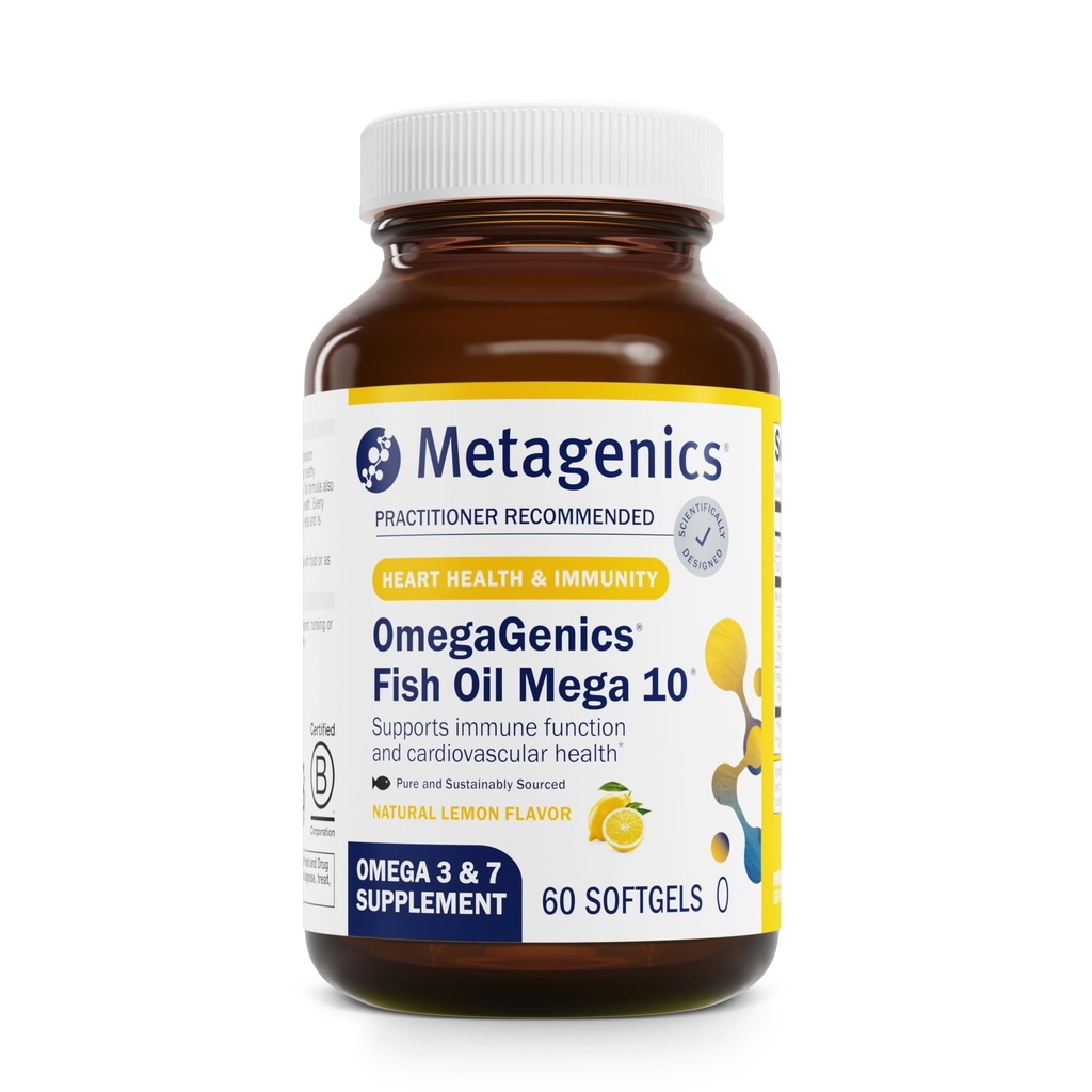 Métagénique OmegaGenics Mega 10 Omega Supplément- avec Omega-7, 330 mg EPA et 170 mg DHA pour la santé cardiaque*- Source durable et sans arrière-goût de poisson - Non-OGM et sans gluten - 60 Softgels