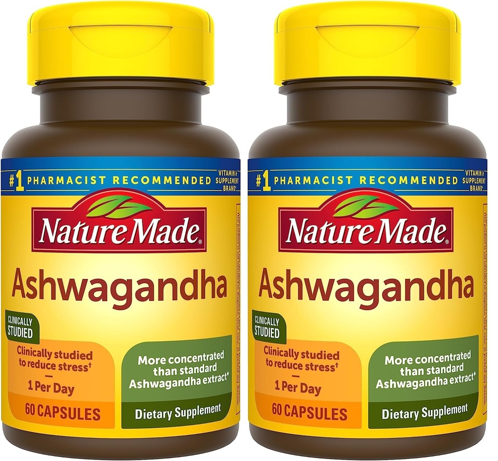 La nature fait Ashwagandha Capsules 125mg pour le soutien du stress, 60 Capsules, 60 jours d'approvisionnement (paquet de 2)