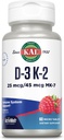 KAL Vitamin D3 K2 ActivMelt, Knochengesundheit, Herz- und Immununterstützungsergänzung w/ D3 1000 IU und MK7 Vitamin K2, Instant Dissolve Tabs, Natürliche Himbeer Geschmack, 60 Portionen, 60 Micro Tablets