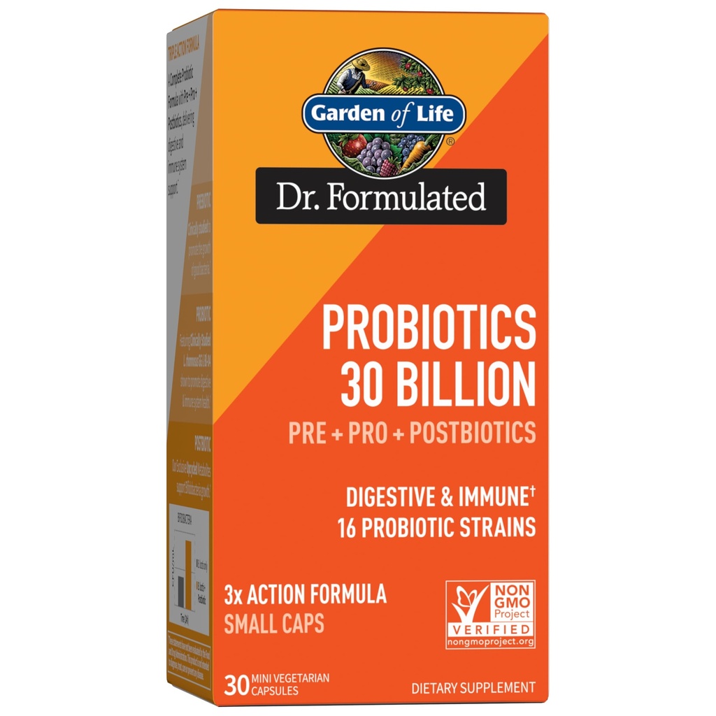 Garden of Life Dr Formulé Probiotiques 30 Million CFU Pre + Pro + Postbiotiques pour hommes et femmes Soutien digestif et immunitaire, pomme de terre, Acacia, Métabolites postbiotiques, 30 Mini Capsules Végétariennes