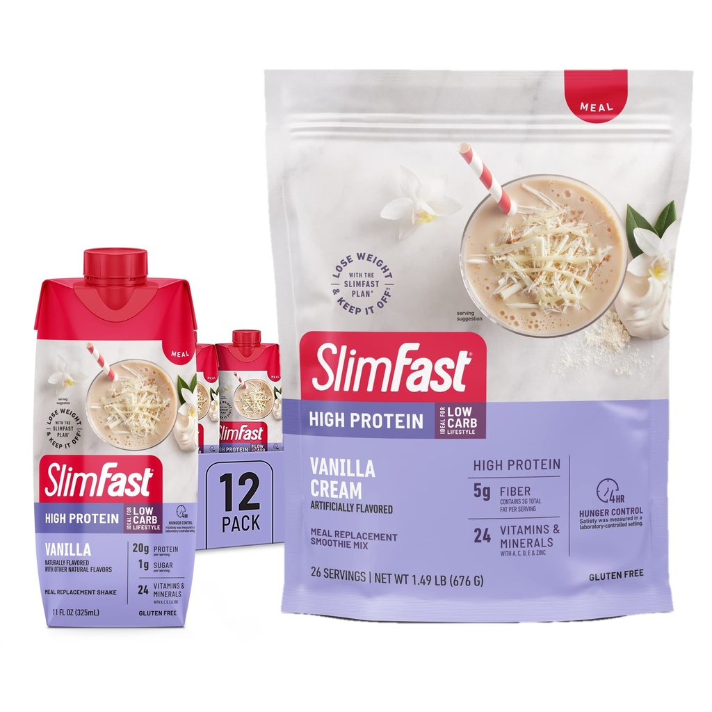 SlimFast High Protein Vanilla Bundle- 12 Count of Vanilla High Protein Meal Replacement Shakes (20g Protein) mit 26 Servings of Vanilla High Protein Powder Mix (20g Protein)