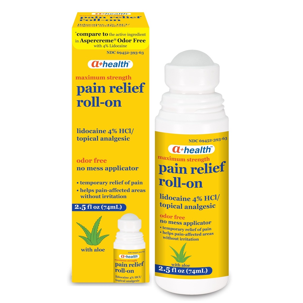 A+Health Pain Relief Roll-On Flüssigkeit, Lidocaine 4%, Odor Free, maximale Stärke Schmerz + Itch Relief mit Aloe, Made in USA, 2,5 fl Unzen