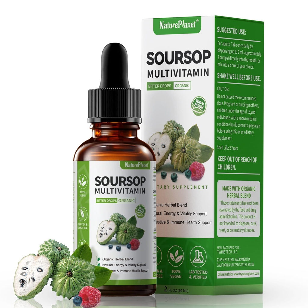 Graviola Soursop Bitters gouttes liquides avec vitamine C, D3, B6, 5000mg Soursop Extrait de fruits et de feuilles + 10 Bitters Botaniques pour Imune Soutien Digestion santé Boost antioxydants