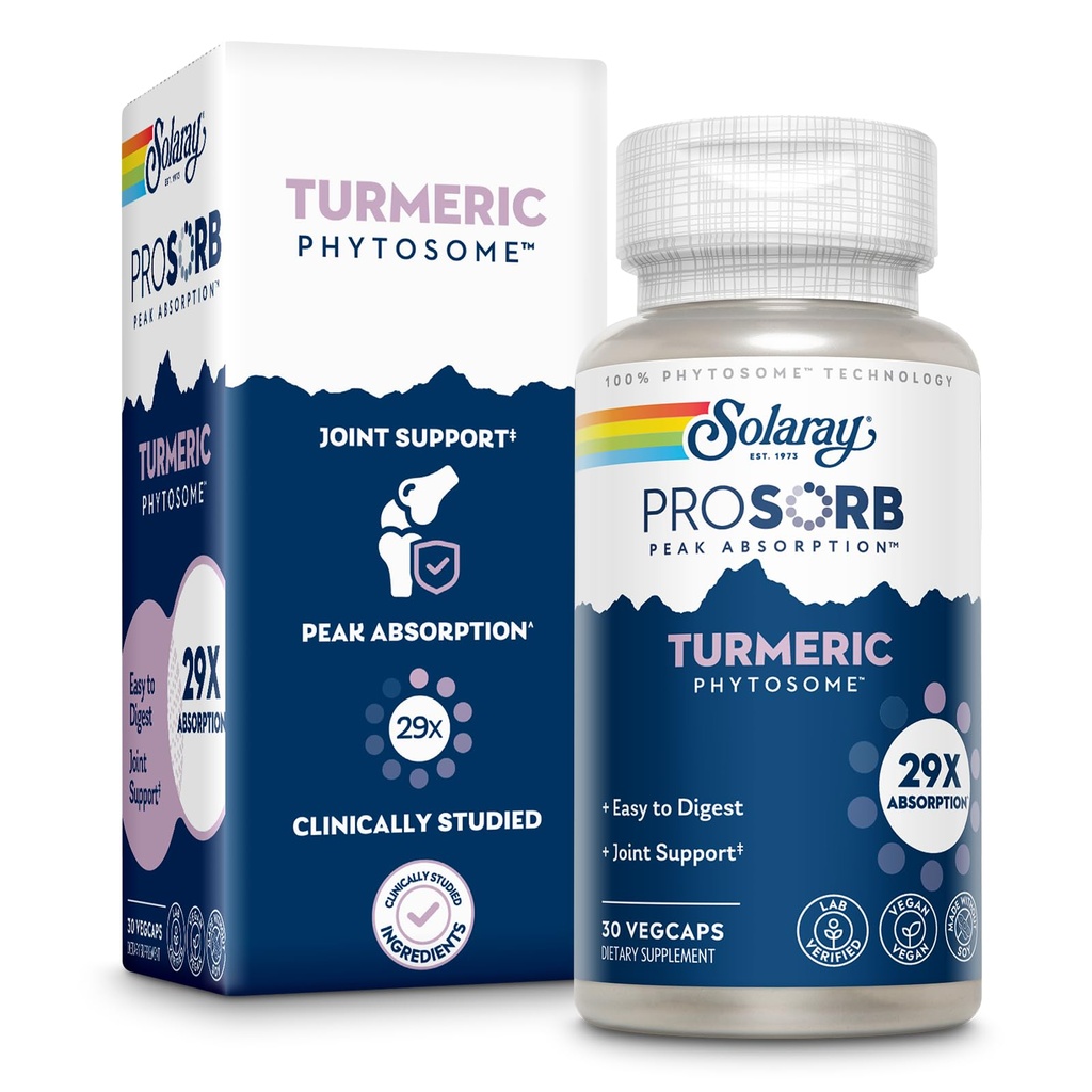 SOLARAY ProSorb Kurkuma-Ergänzung Phytosome 500 mg - 29X Hohe Absorption Kurkuma-Ergänzung für Joint Health Support - Easy-to-Digest Curcumin, Vegan, 60-Day Garantie, 30 Serv, 30 VegCaps