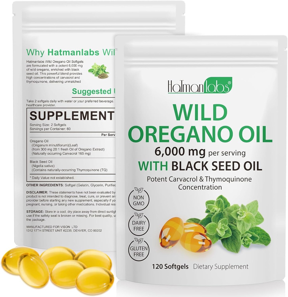 Huile d'Origan Capsules - Ingrédients Huile d'Origan Softgels - 2 en 1 6000mg Huile d'Origan à l'huile de graines noires 200mg - Haute Carvacrol & Thymoquinone pour le soutien immunitaire
