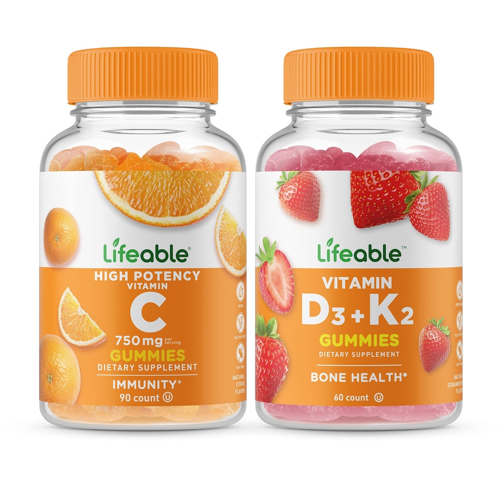 Lifeable Vitamin C 750mg + Vitamin D3 + Vitamin K2, Gummies Bundle - Great Tasting, Vitamin Supplement, Gluten Free, GMO Free, Chewable Gummy