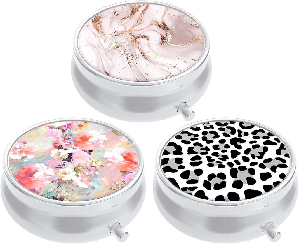 3 Pack Pill Box, Small Pill Case for Purse & Pocket, Cute Travel Medicine Organizer, Portable Medicine Container Holder to Hold Vitamins, Medication, Fish Oil & Supplement, Pink Flowers Leopard