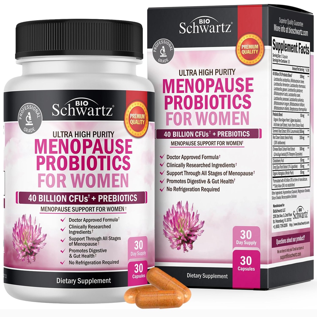 Suppléments à la ménopause pour les femmes - 40 milliards CFU Probiotiques à la ménopause pour les femmes - Soutien pour les éclairs chauds Sueurs de nuit Swings et équilibre - Non-OGM, 30 Capsules Easy-Swallow, 30 portions