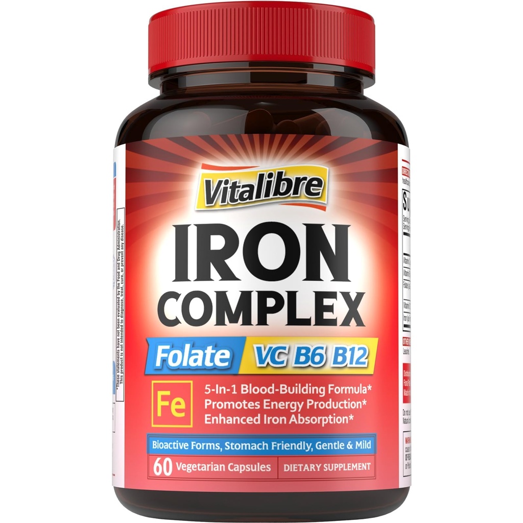 Eisen-Ergänzung für Frauen und Männer, mit Vitaminen C, B6, B12 & Folate für Eisenmangel, Blut Building & Energy Support, Stomach Friendly, Better Absorption, Non-GMO, No Gluten, 60 Vegan Caps