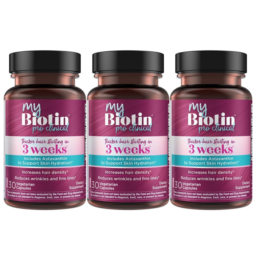 Produits de pureté MyBiotin ProClinical – Cheveux plus épais à partir de 3 semaines et combat rides - MB40X Biotine brevetée Vitamine B7 Matrix w/Astaxanthine - 40X Plus Soluble vs Biotine ordinaire, 90 Capsules de Veg