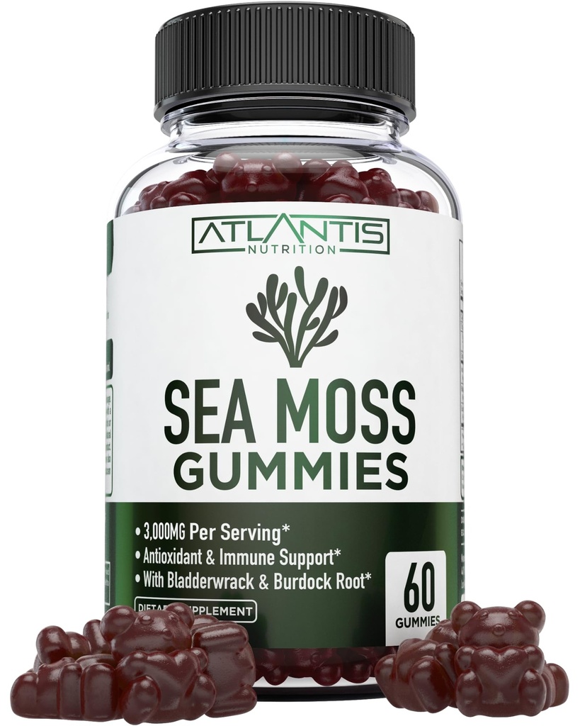 Irish Sea Moss Gummies - 3000MG - Formulated w/ Irish Sea Moss, Bladderwrack & Burdock Root, Enthalten essentielles Vitamin & Mineral - Antioxidant-Rich Superfood Supplement, 60 Sea Moss Gummi für Erwachsene