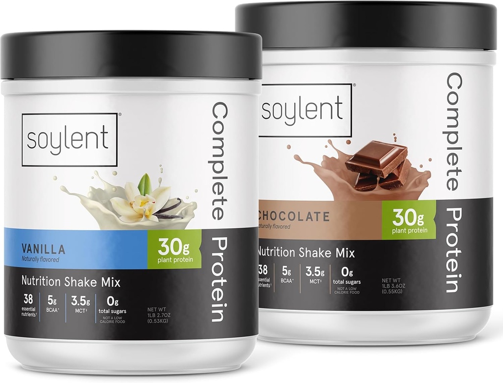 Bundle of Soylent Complete Protein Powder, 30g Protein Shake für Muskelwachstum und Erholung, Zero Sugar, Gluten Free, Vegan - Vanilla & Chocolate (Two 1.25LBs Tubs)