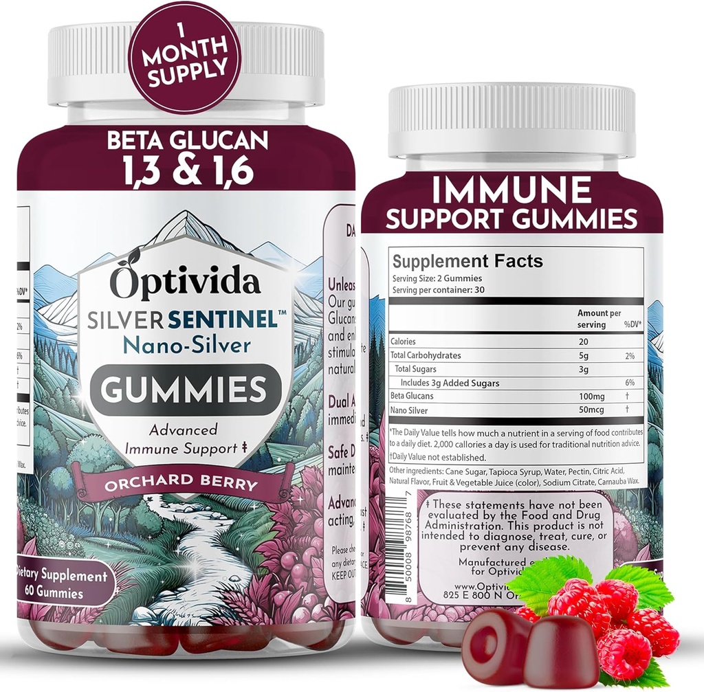 Optivida Nano Silver Immune Support Gummi (60 Count) – Beta Glucan Ergänzungen für täglich Immununterstützung, Obstbeeren Flavor für Immungesundheit, kolloidale Silberergänzung mit Beta Glucan 100