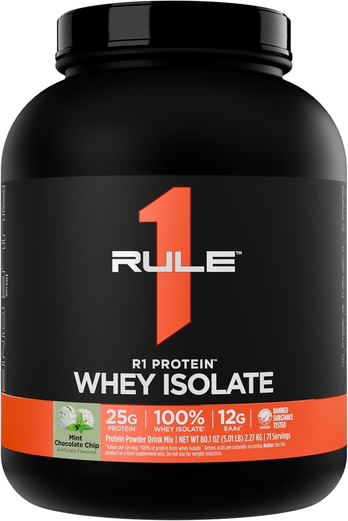 Règle 1 Protéines R1 Isolation de la lactosérum - avec 25g de protéines et 6g de BCAA Exclusivement à partir de sources isolées et hydrolysées pour la récupération d'entraînement (5 livres*, puce de chocolat à la menthe)