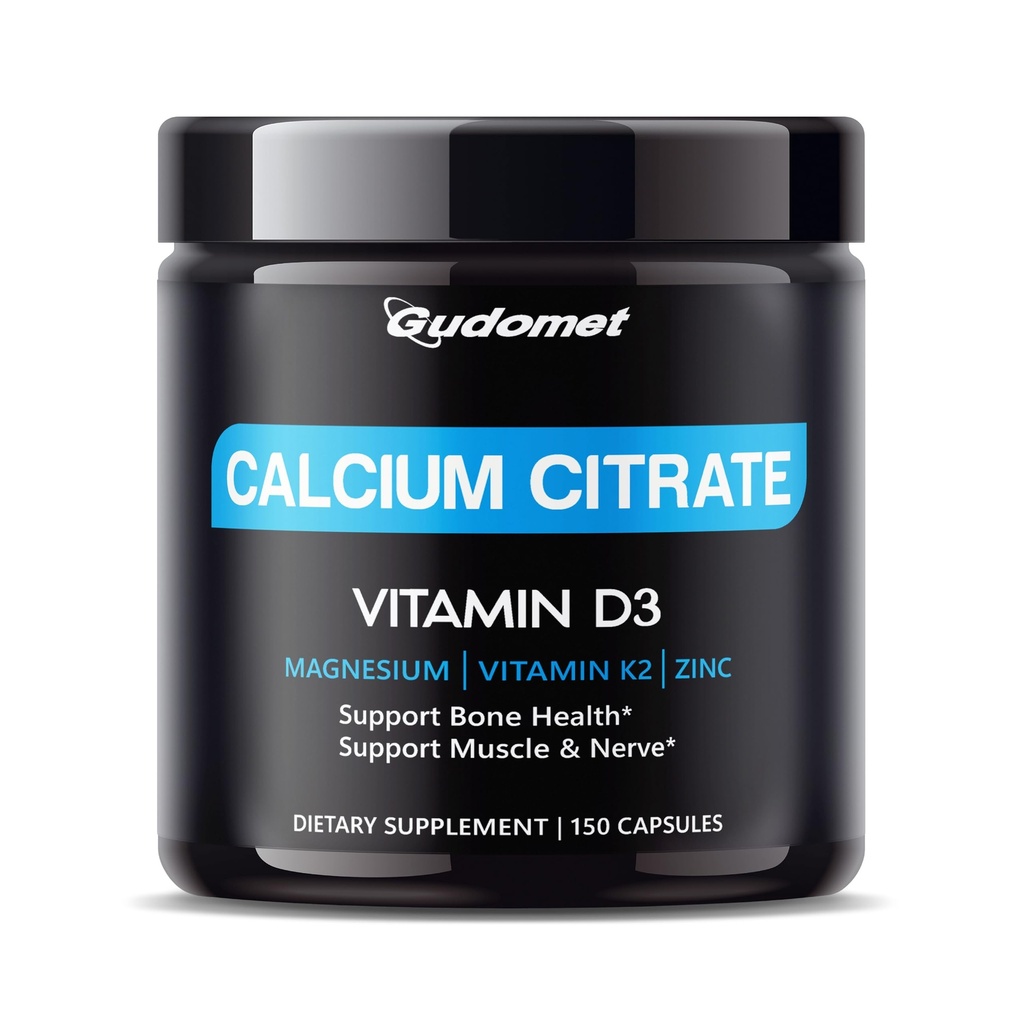 Citrate de calcium à haute absorption avec vitamine D3 et K2 - Soutient la santé des os, des muscles et des nerfs - 150 capsules, fabriqués aux États-Unis
