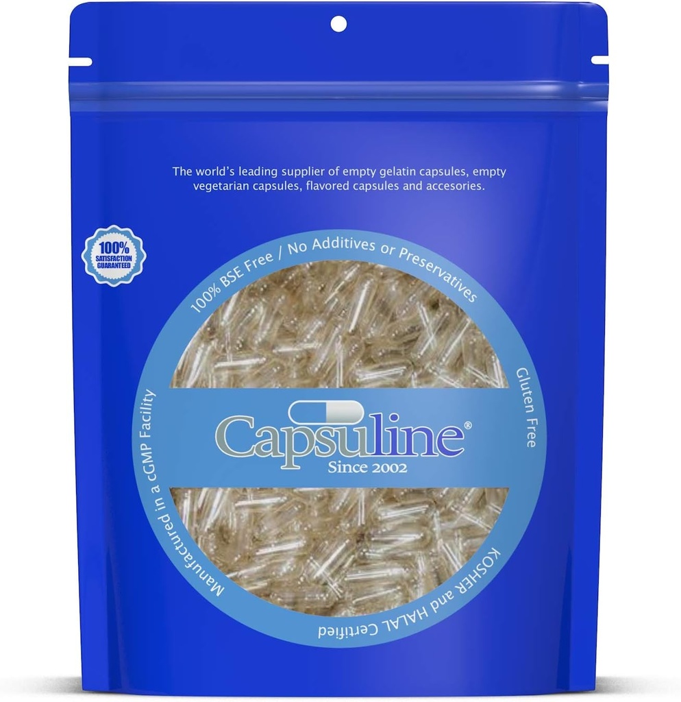 Capsuline Size 4 Empty Gelatin Capsules, Clear - 50000 Count | Gluten Free, Kosher, Non-GMO Certified | Pure Bovine Pill Caps For DIY Supplement Filling