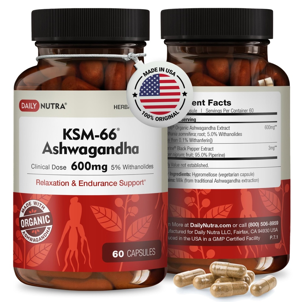 DailyNutra KSM-66 Ashwagandha 600mg Bio-Root-Extrakt - Hohe Potenz-Ergänzung mit 5% Withanolides | Relieves Reifen, unterstützt Entspannung, Fokus, Energie, & Muskelwachstum (60 Kapseln)