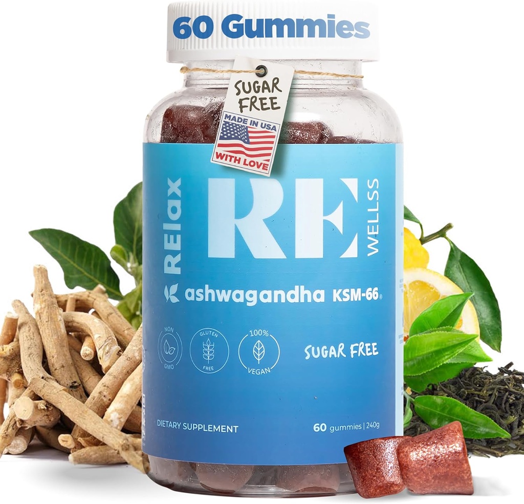 Ashwagandha & Vitamin D Gummies | Nahrungsergänzungsmittel | KSM 66 Ashwagandha für Ruhe Unterstützung 300mg | L-Theanin Zitronenbalsam | Natürliche Kräuter Non-GMO Zucker kostenlose Gluten Gelatine Free | 1 Pack