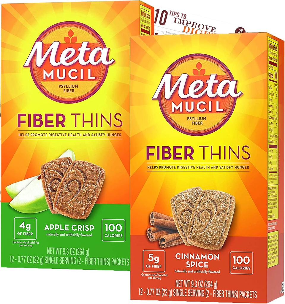 Metamucil Fiber Thins Fiber Supplement mit Bleam Digestive Health Support Tip Card Psyllium Fiber Bars - 12CT Apple Crisp & 12CT Cinnamon Spice - Set