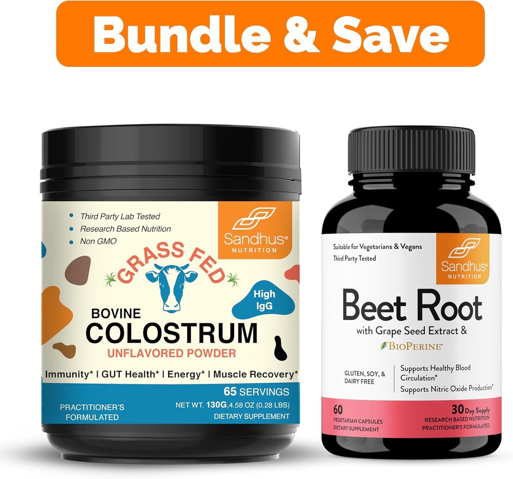 Sandhu's Pure Bovine Colostrum Powder Supplément pour les humains et la poudre de racine de betterave avec des capsules de bioperine.
