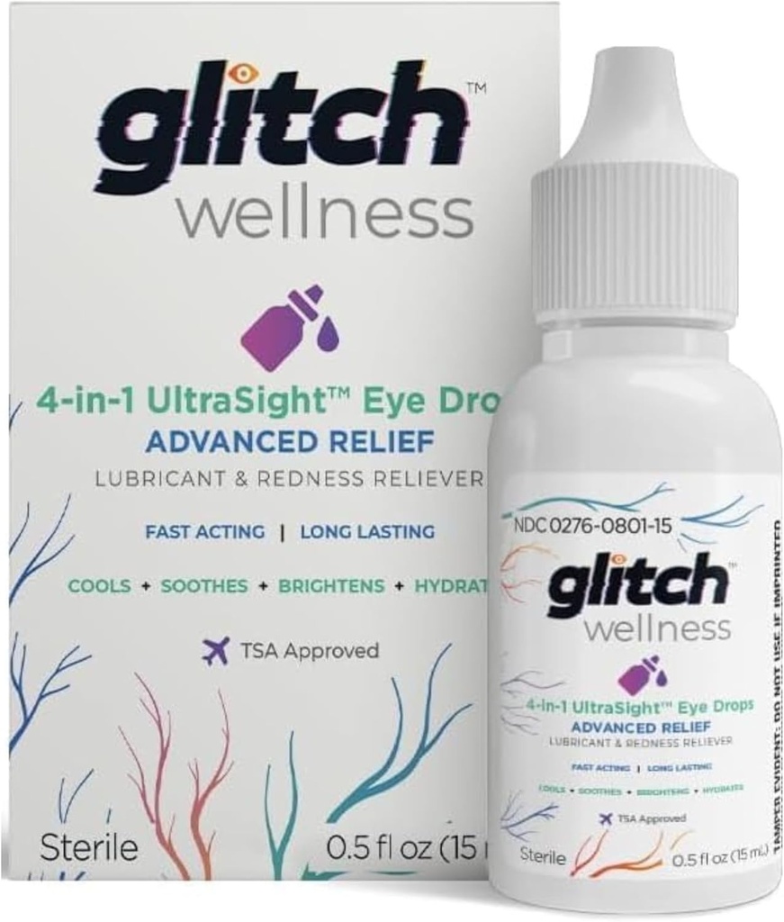 Glitch UltraSight Eye Drops für trockene Augen 15mL - 4 in 1 Advanced Relief Dry Eye Drops - All Day Comfort mit Hydration, Aufhellung, Kühlung - Effektiv beruhigt Irritation & Dryness - 0.5 Fl Oz